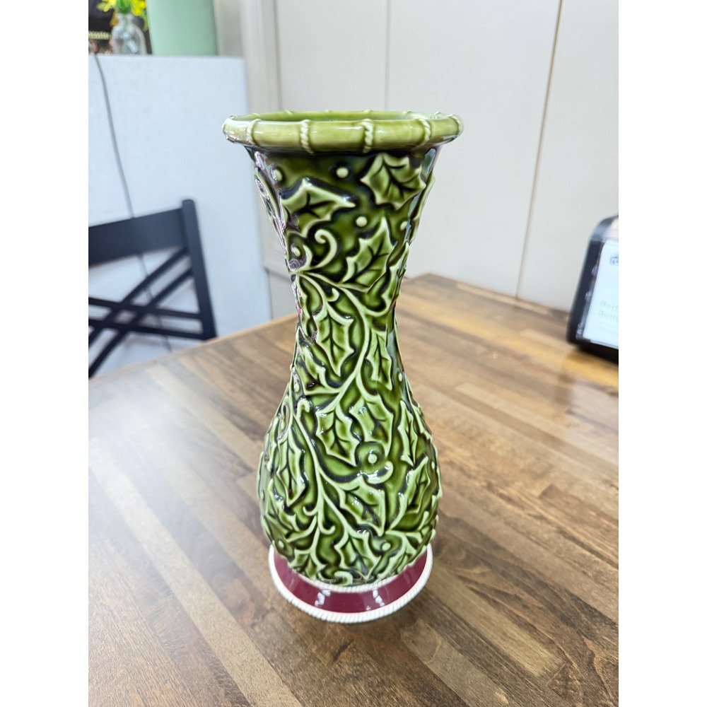 Grasslands Road Green Holly Leaf Embossed Ceramic Vase Red Base 461315